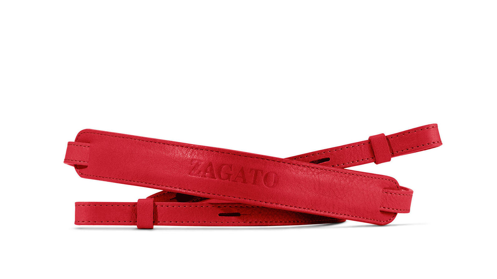 Red full-grain leather carry strap with the Zagato logo embossed on